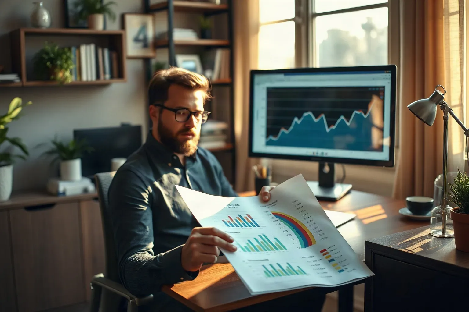 A bearded person wearing glasses sits at a home office desk, reviewing printed charts and graphs, with a monitor displaying a line graph visible behind them