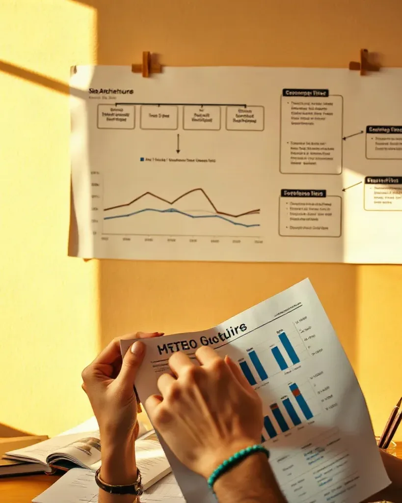 A person holds a printed report covered in bar charts at a desk, with a line-graph poster pinned to the wall behind them