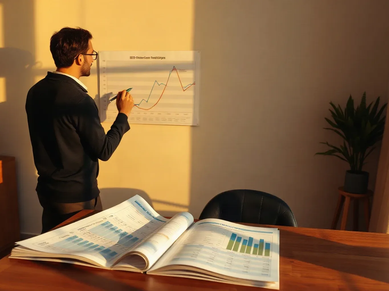 A person wearing glasses and a dark jumper annotates a line graph on a wall chart, with an open report showing bar charts lying on a wooden desk nearby