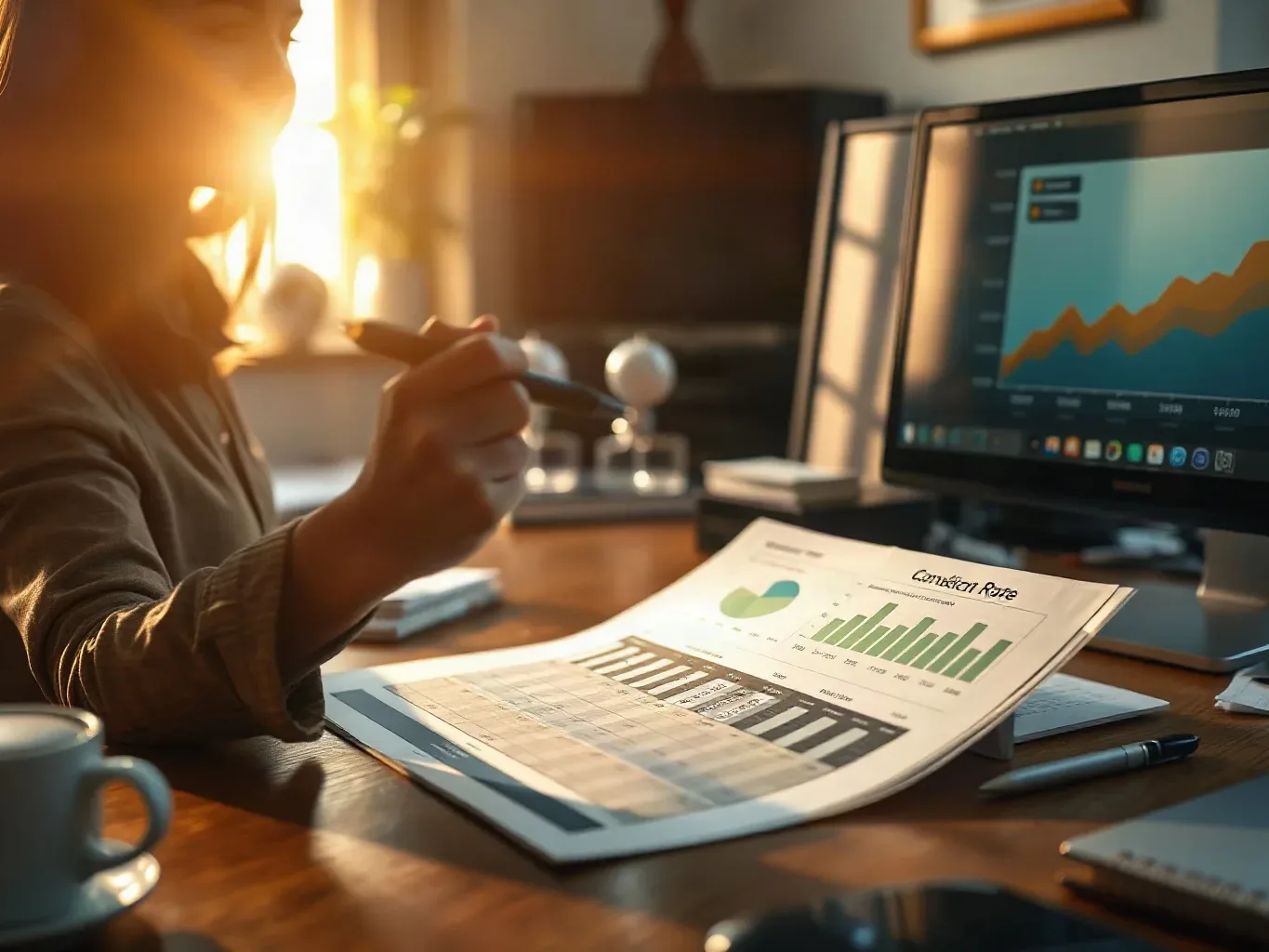 A marketing professional at an organised desk pressing a magnifying glass over a printed analytics report that shows conversion-rate columns and marking the before-and-after rows with a highlighter while a desktop monitor to one side displays a rising organic traffic trend graph