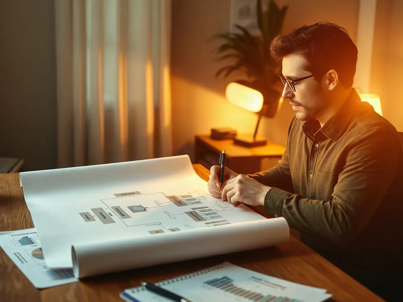 A person wearing glasses sits at a wooden desk in a warmly lit room, annotating a large rolled-out diagram with a pen