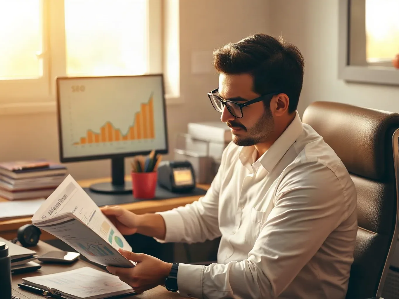 An SEO consultant seated at an organised desk in a private office using a magnifying glass to examine a printed analytics report showing review response metrics while the desktop monitor behind him displays an organic traffic trend graph with a stable upward line