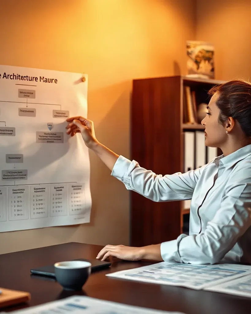 A person in a white shirt sits at a wooden desk, reaching up to touch a large flowchart pinned to the wall of a warmly lit office