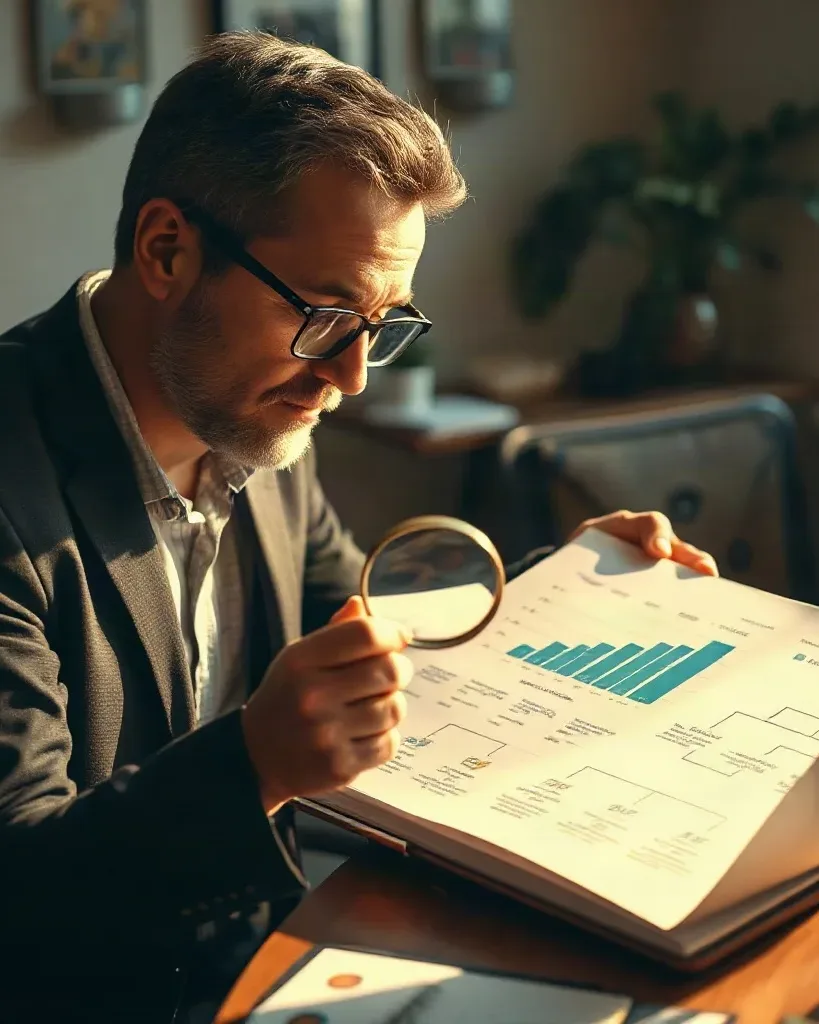 A person in a dark blazer and glasses examines a printed document containing bar charts and diagrams using a magnifying glass, seated at a wooden desk in a warmly lit office