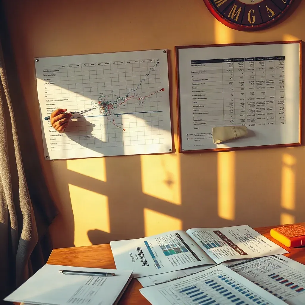 A person points at a wall-mounted graph chart in a warmly lit home office, with printed reports spread across a wooden desk and a lamp and clock visible nearby