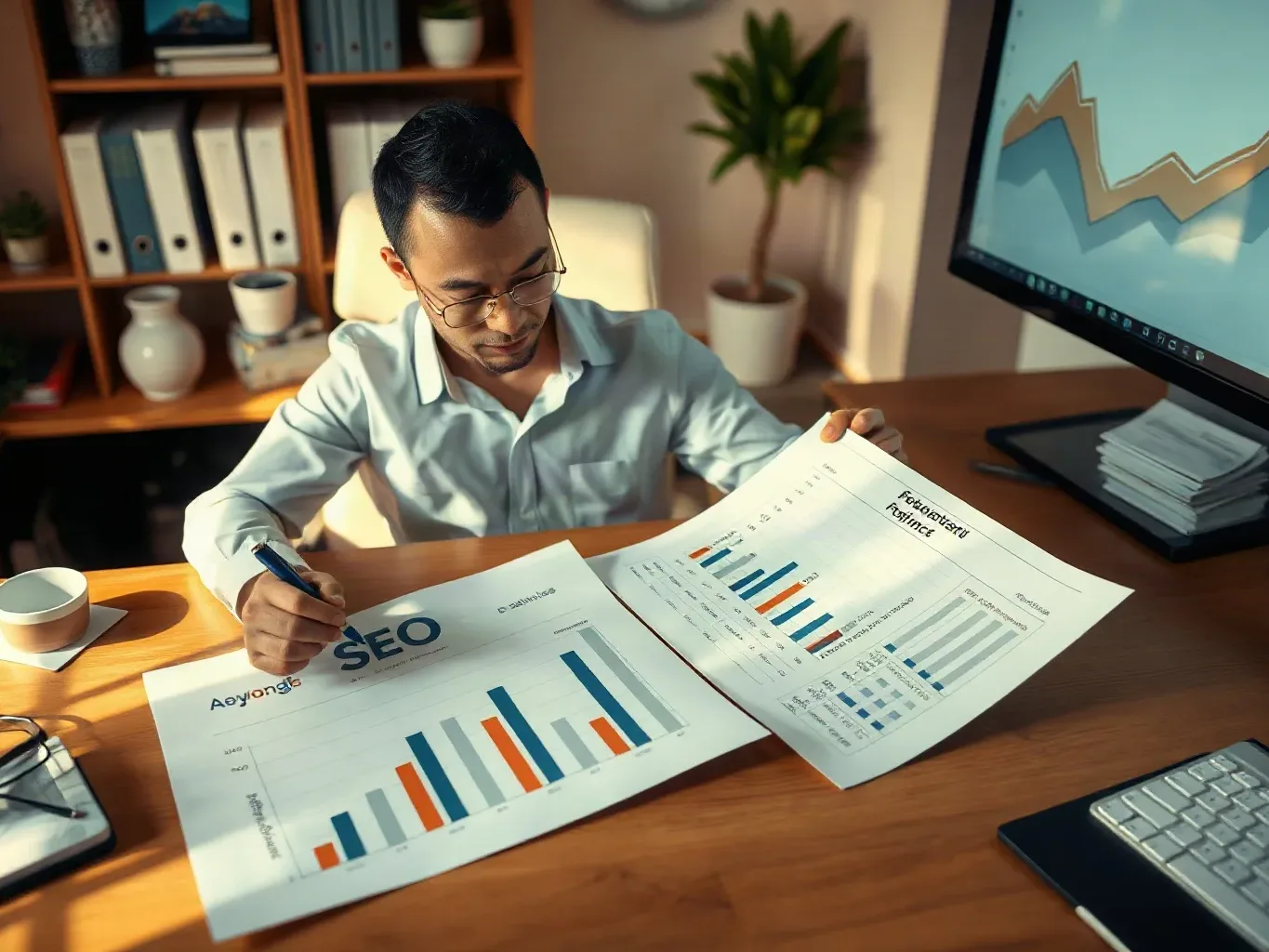 An SEO consultant seated at an organised desk in a private office laying a printed analytics report showing revenue-by-channel columns beside a printed keyword ranking chart and drawing arrows between rank position improvements and corresponding revenue rows while the large monitor shows an organic traffic trend graph