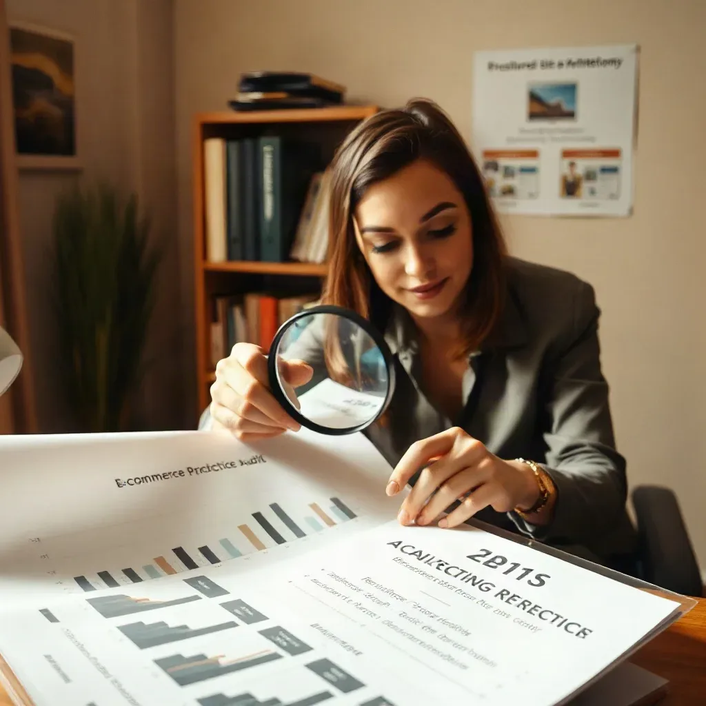 A person in business attire sits at a desk examining printed charts and graphs through a magnifying glass in a warmly lit office