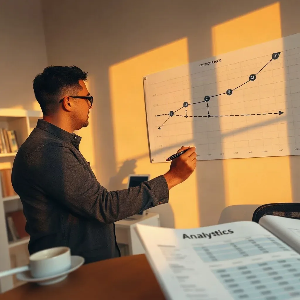 A person wearing glasses annotates a wall-mounted line graph with a marker, beside a desk holding an open analytics report and a cup of coffee