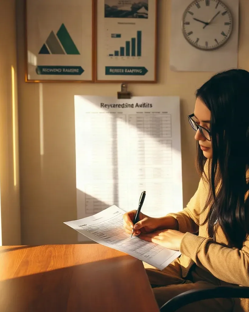 A person wearing glasses sits at a wooden desk in an office, writing on a document, with charts and a clock on the wall behind them