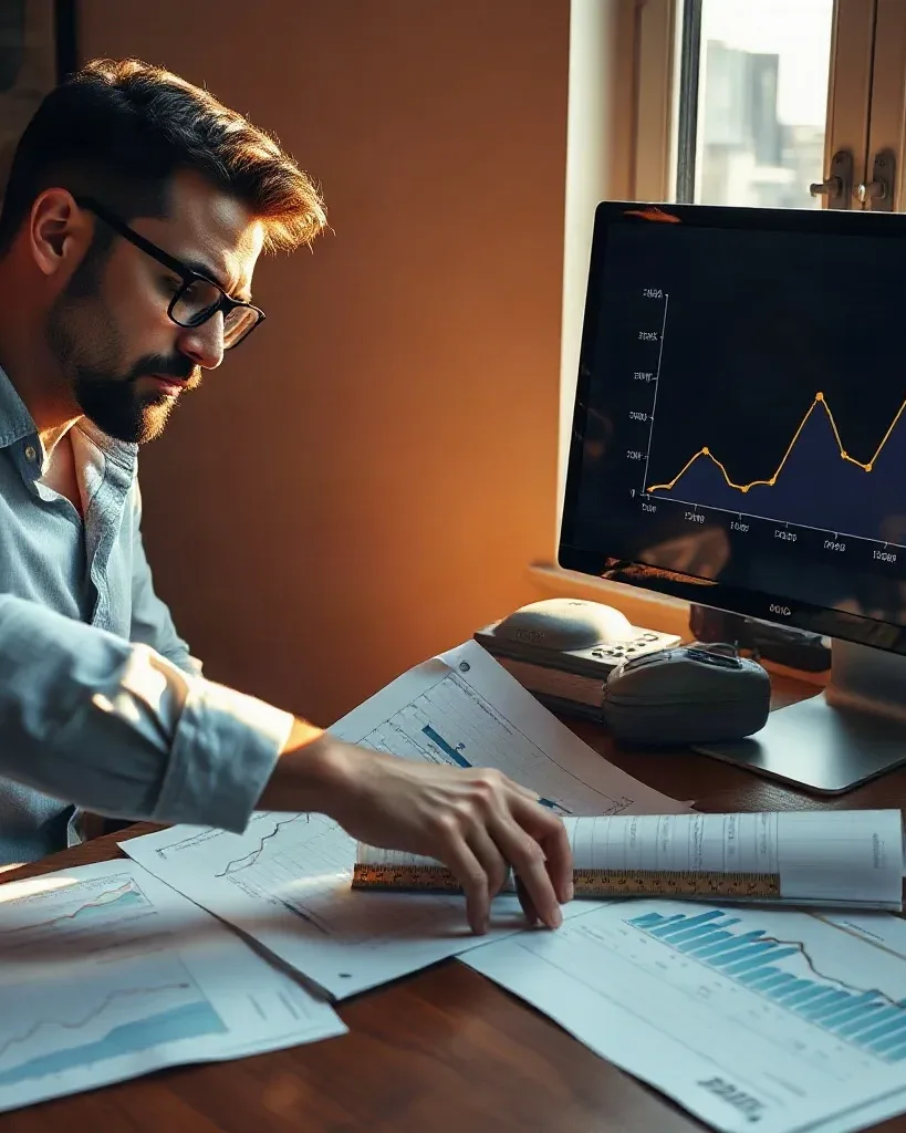 A marketing professional in business-casual attire spreading several printed analytics reports across the desk and using a ruler to align data columns while the desktop monitor shows a flat organic traffic trend graph awaiting optimisation input