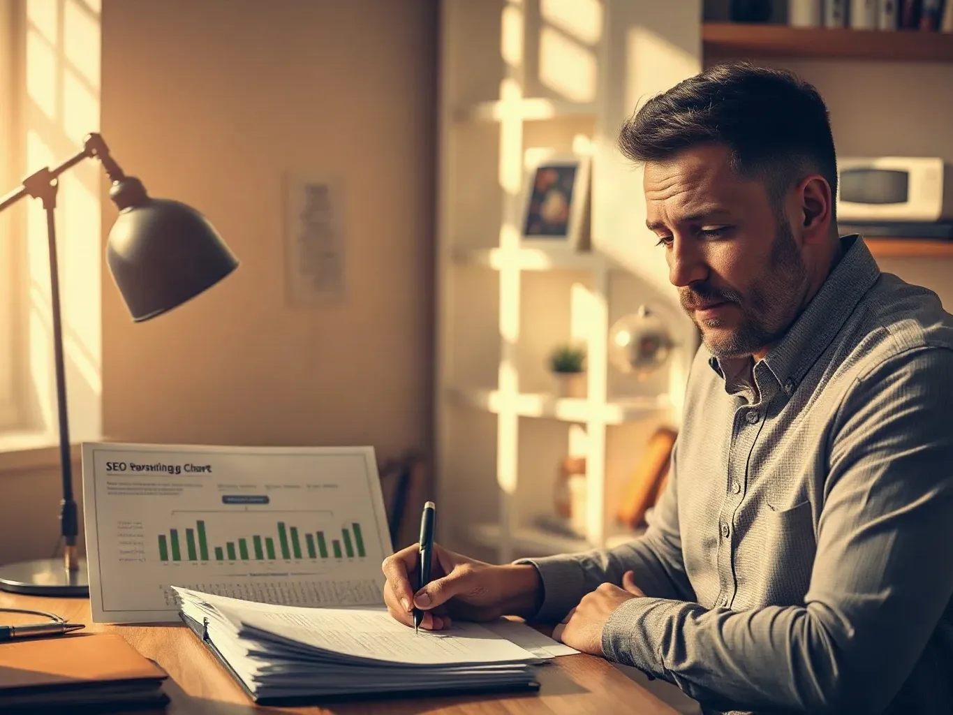 A person sits at a wooden desk in a warmly lit room, writing notes beside a printed bar chart and a stack of papers