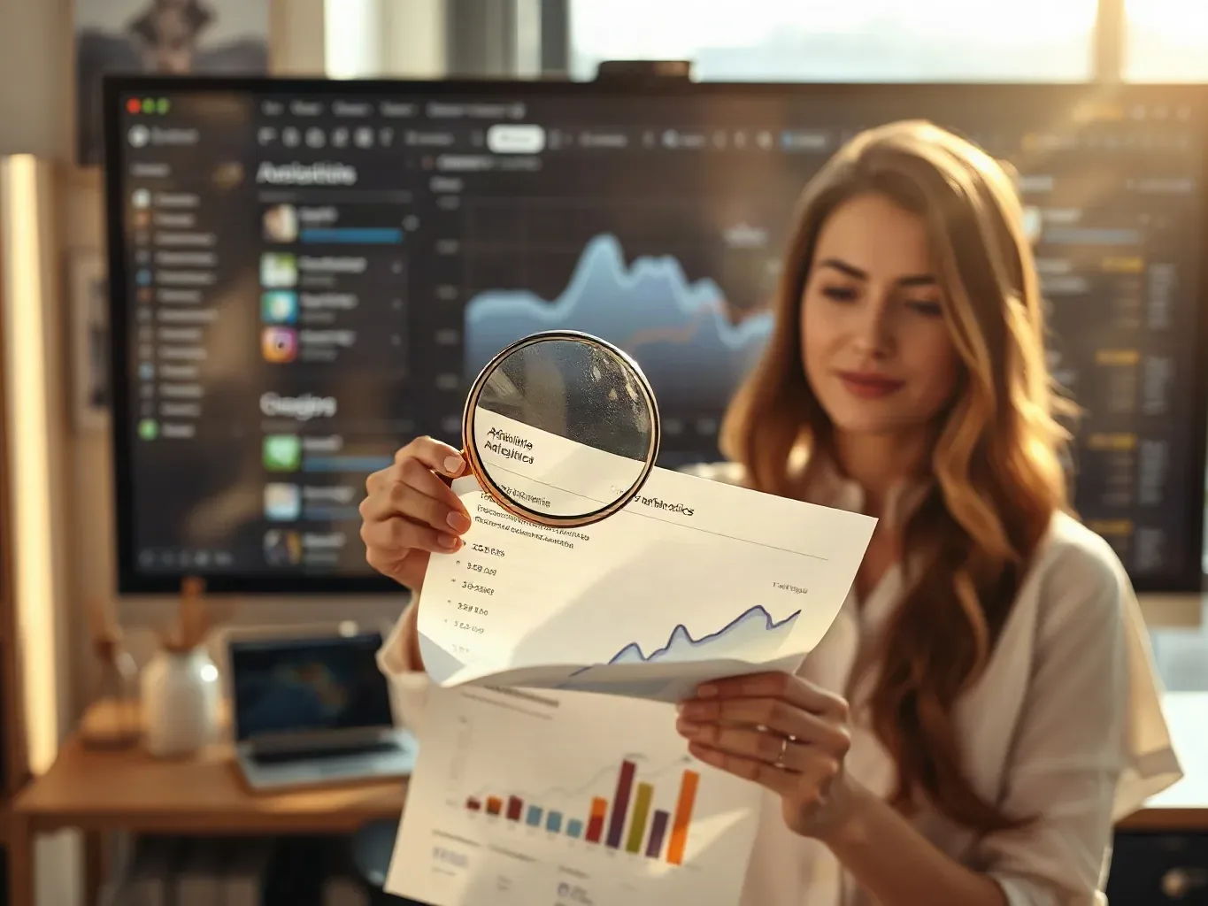 An SEO consultant holding a magnifying glass over a printed analytics printout that shows attribute and category performance data while the large office monitor behind her displays a corresponding organic traffic trend graph