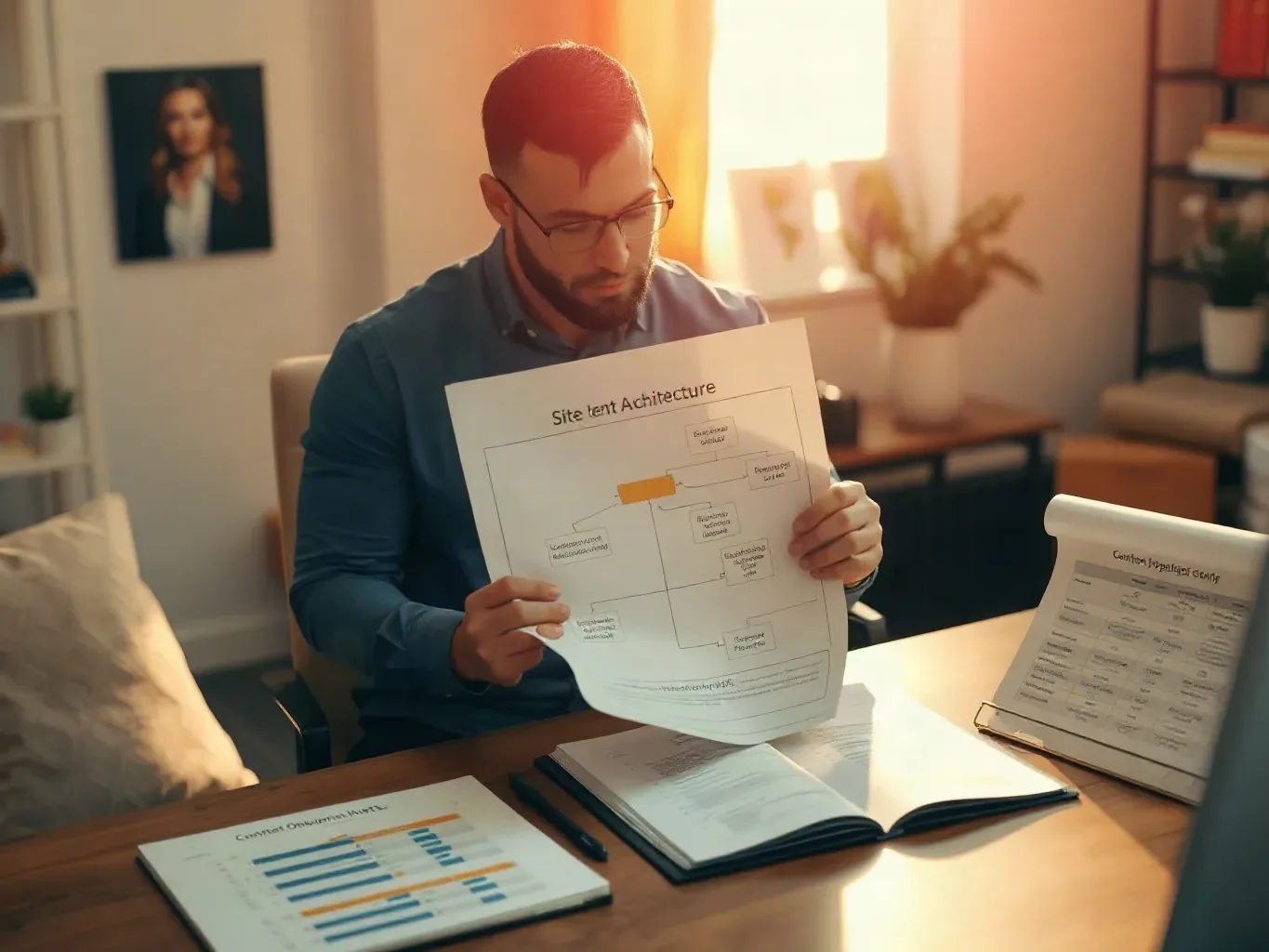 A person wearing glasses sits at a wooden desk in a home office, studying a printed flowchart document in warm sunlight