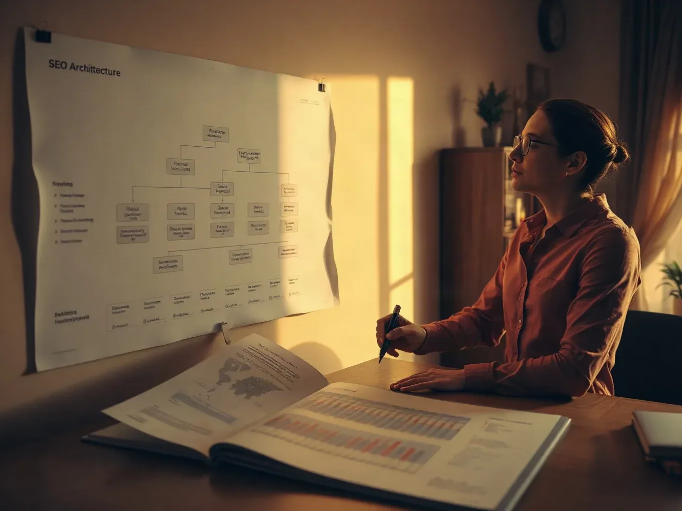 An SEO consultant standing beside a wall-mounted site architecture diagram on paper and circling a geographic cluster of entries with a marker while a printed keyword ranking chart lies open on the desk nearby