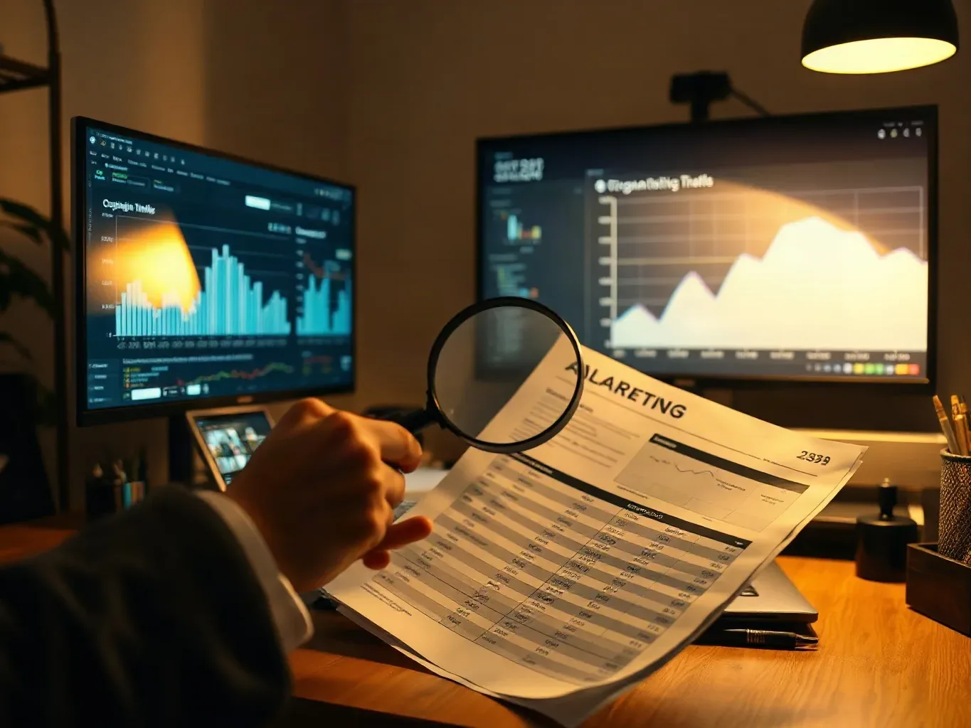 A marketing professional holding a magnifying glass over a dense analytics printout on his desk while the large monitor behind him displays a graph of organic traffic trends