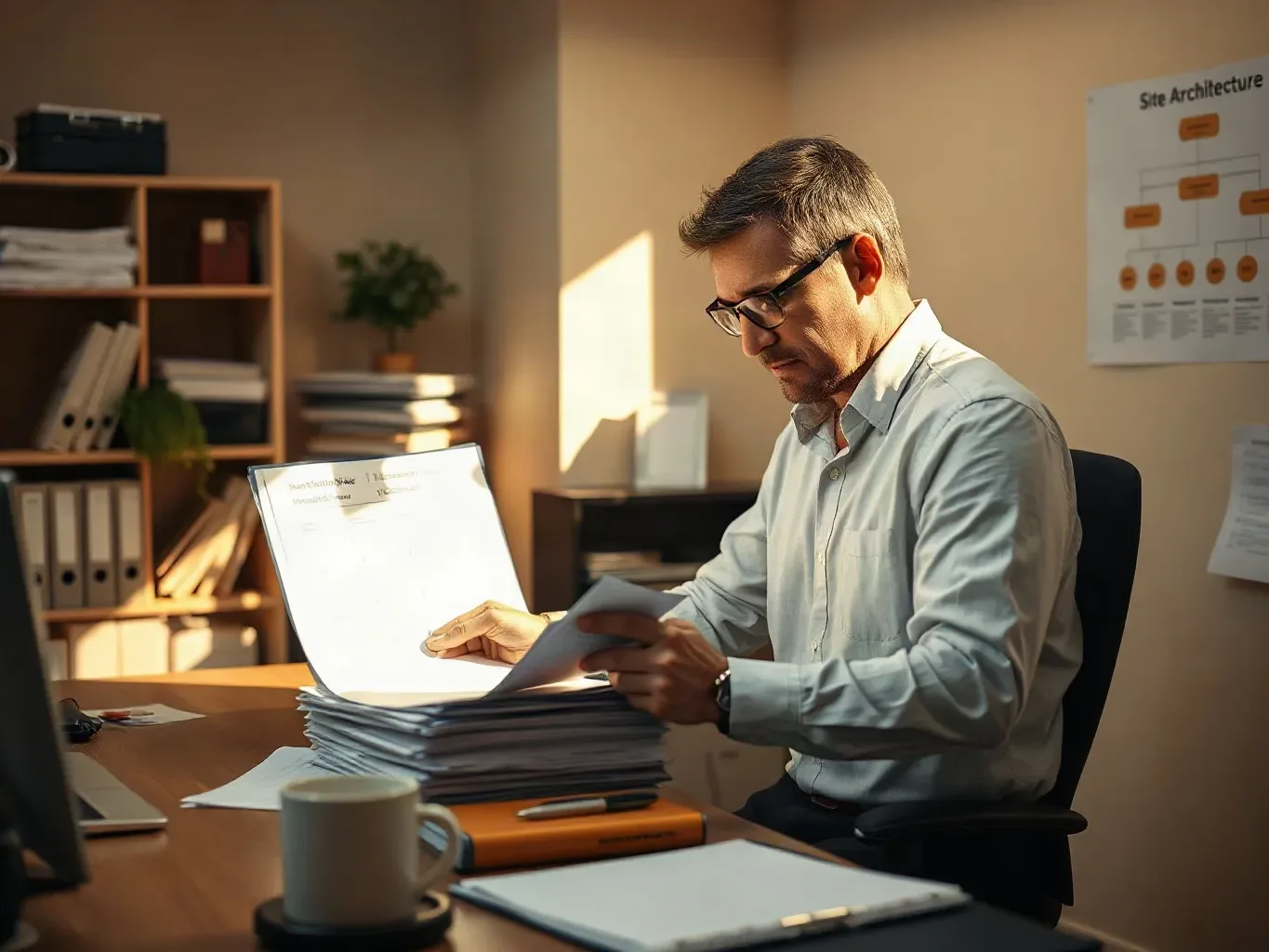 An SEO consultant in business-casual attire sorting a stack of printed keyword ranking charts into labelled sections on an organised office desk while referencing a structured site architecture diagram pinned to the wall