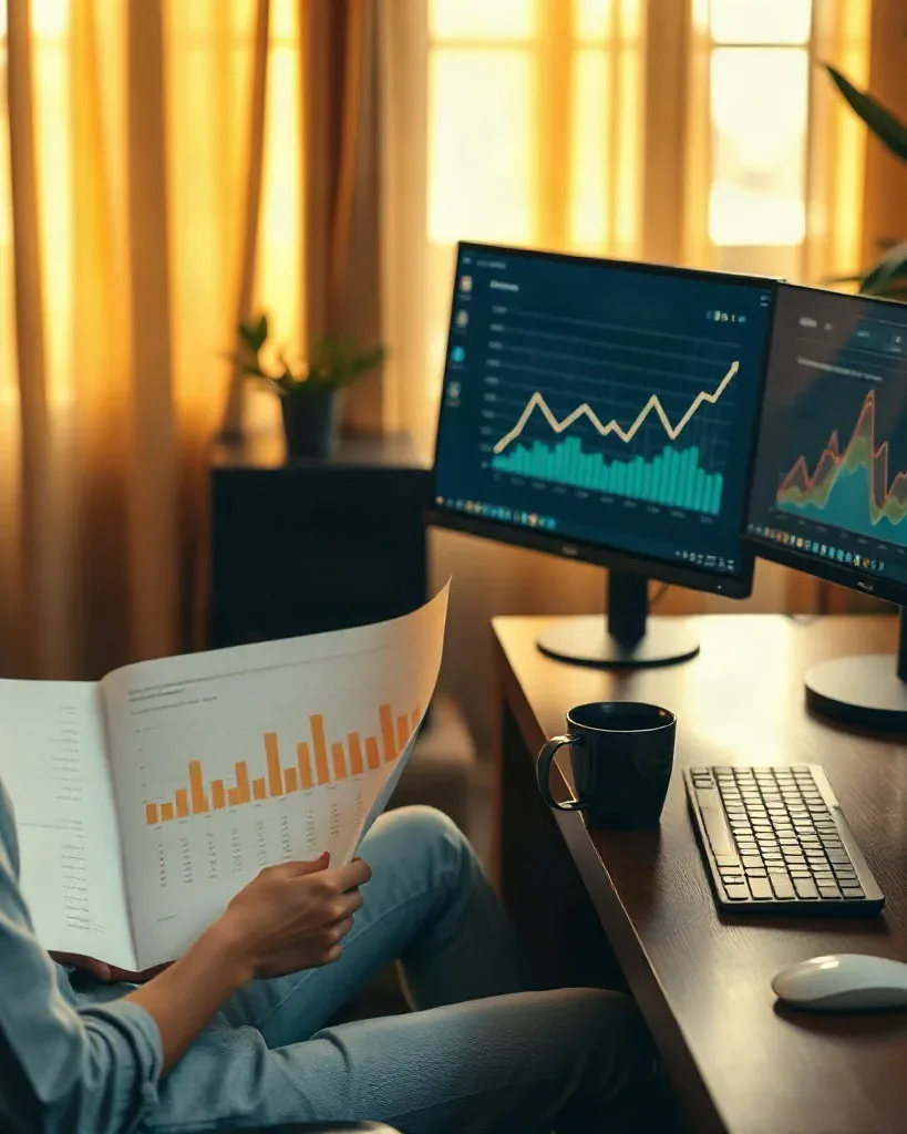 A person sits at a desk reviewing printed charts while three monitors display graphs and data dashboards in a warmly lit room