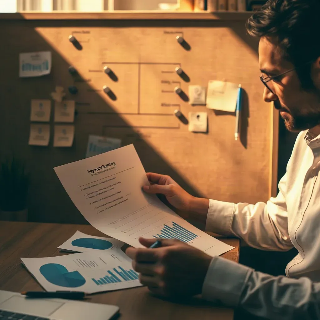 A person in a white shirt sits at a desk reviewing printed reports featuring bar and pie charts, with a cork notice board behind them