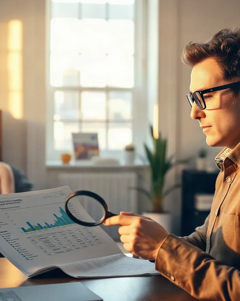 An SEO consultant in business-casual attire using a magnifying glass to examine a printed analytics report with technical search term columns specific to an industrial sector while the desktop monitor displays an organic traffic trend graph for the same keyword group