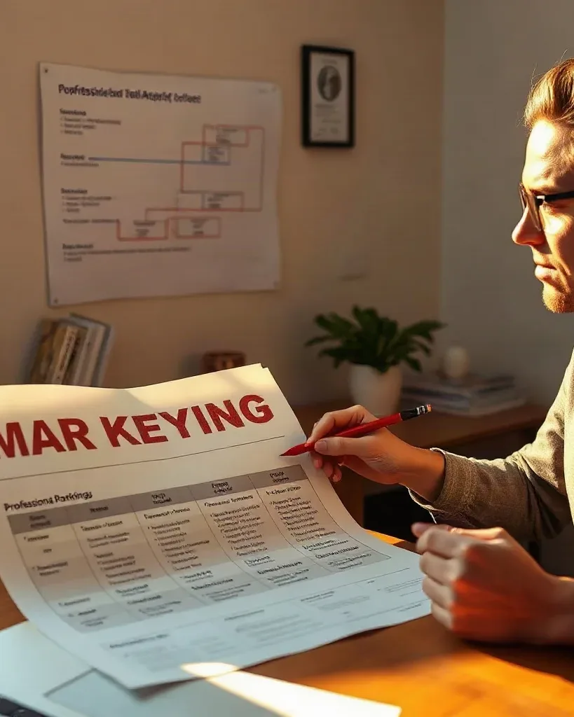 A person with glasses and a hair bun sits at a desk reviewing a large printed document with red text, holding a pencil in a warmly lit room with a wall chart and framed pictures behind them