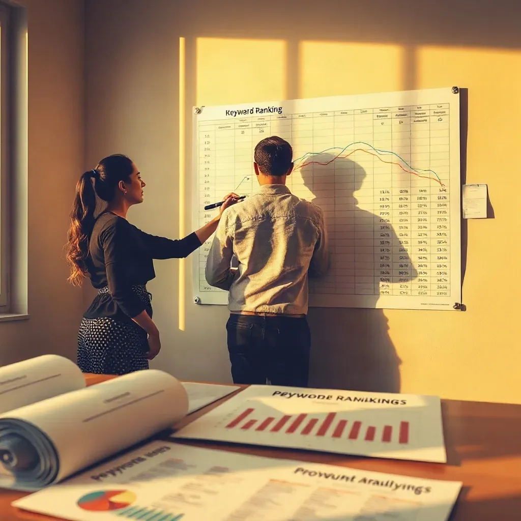 Two people stand before a large wall-mounted keyword ranking chart in a sunlit office, one annotating it with a marker while printed analytics reports lie on the desk in the foreground