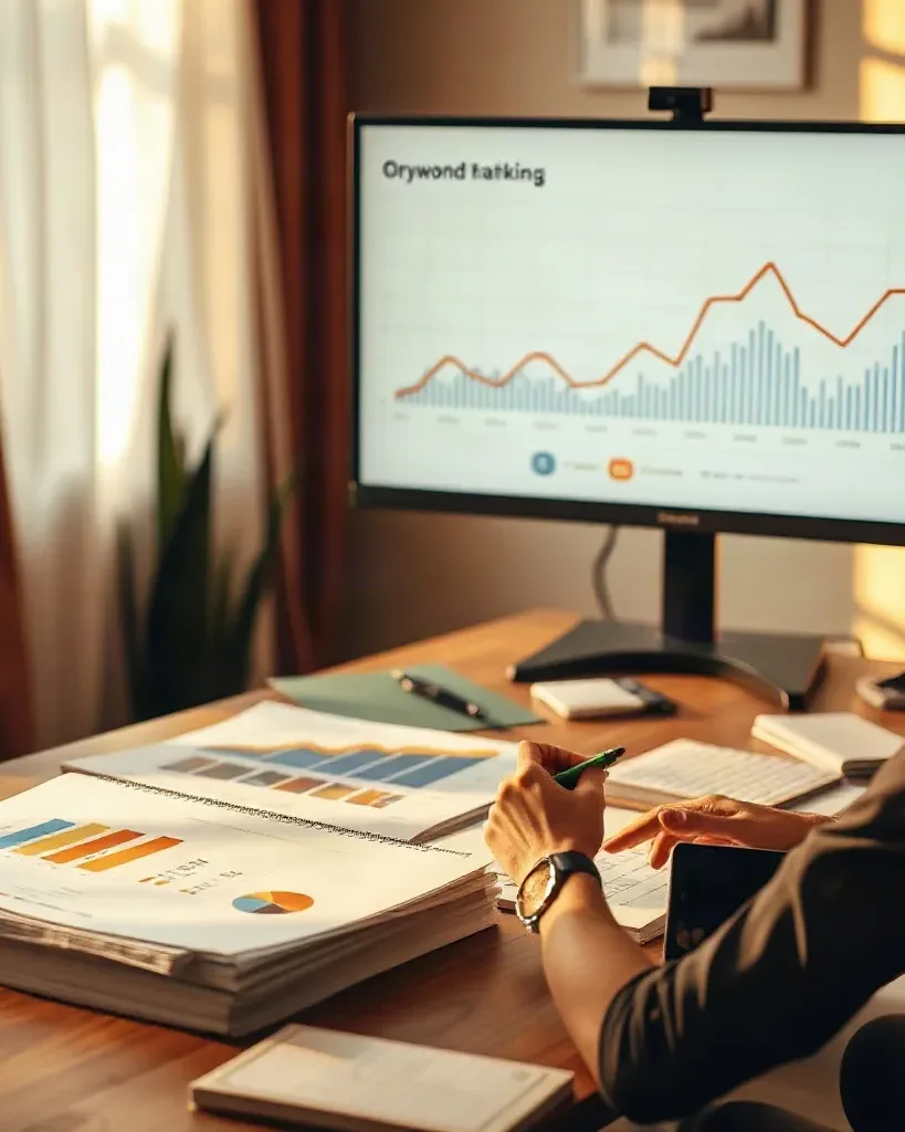 A marketing professional in a private working room laying a printed analytics report with ROI metric columns alongside a printed keyword ranking chart on the desk and drawing connecting lines between the two documents while the large monitor shows an organic traffic trend graph