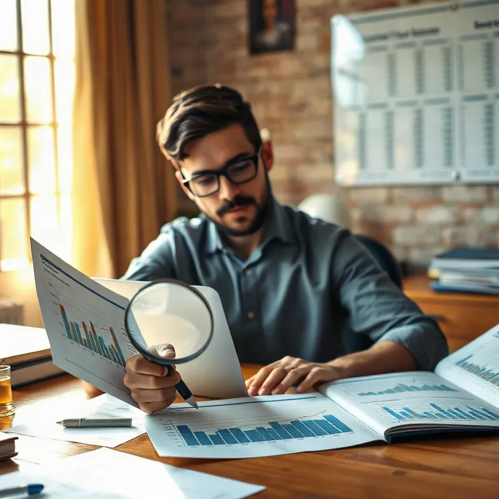 A marketing professional seated at an organised desk pressing a magnifying glass over a printed analytics report that shows regional search-volume columns and underlining the entries that differ from national averages while a wall-mounted keyword ranking chart is visible behind him