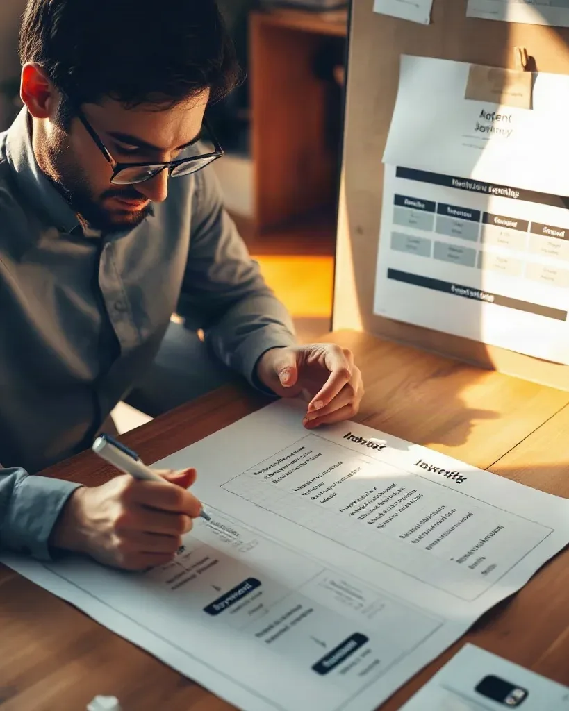 A person wearing glasses sits at a wooden desk, writing on printed documents, with charts and diagrams pinned to a board behind them