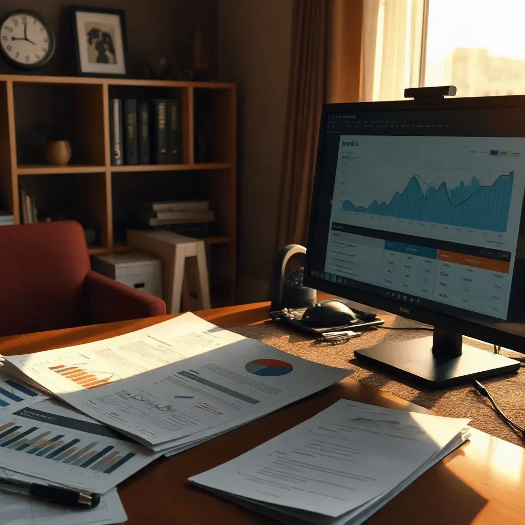 A person sits at a desk covered in printed charts and reports, reviewing data on a large monitor in a warmly lit home office