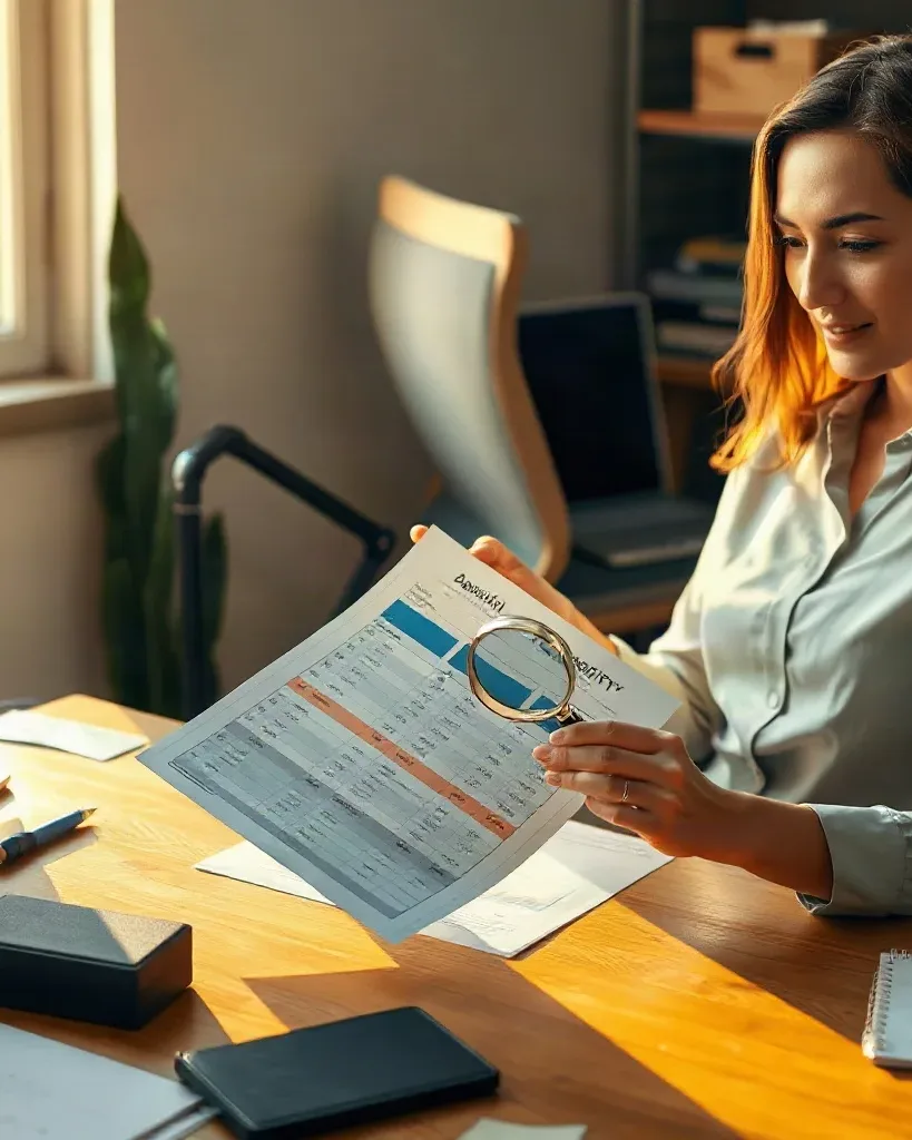 A marketing professional seated at an organised desk pressing a magnifying glass over a printed analytics report showing domain-authority score columns and circling the entries above the target threshold while the desktop monitor beside her displays an organic traffic trend graph