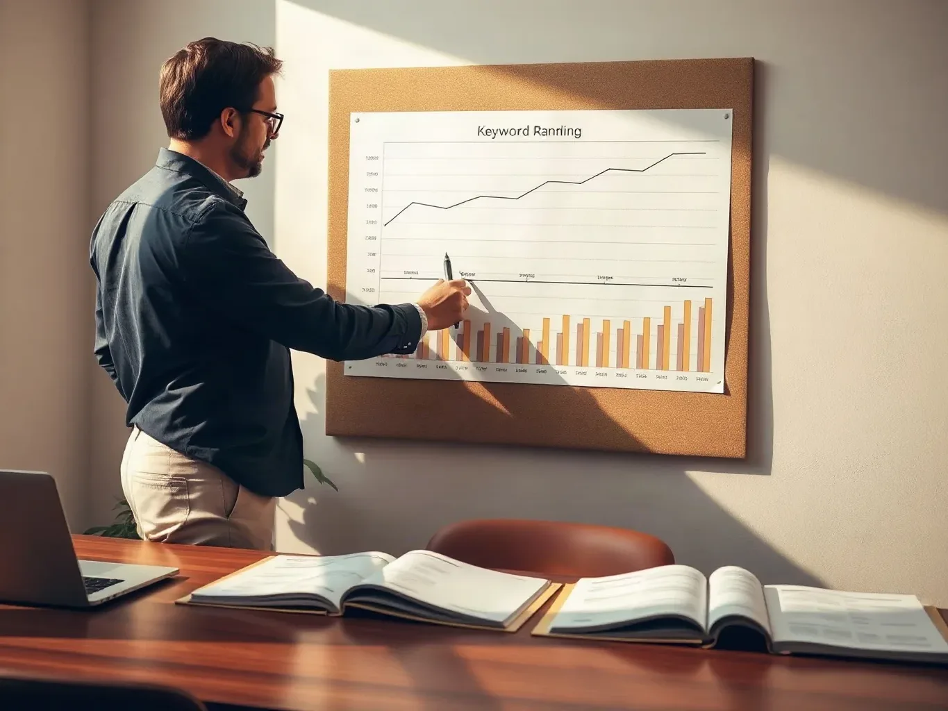 A person in business-casual attire points a pen at a wall-mounted keyword ranking chart featuring a line graph and bar chart