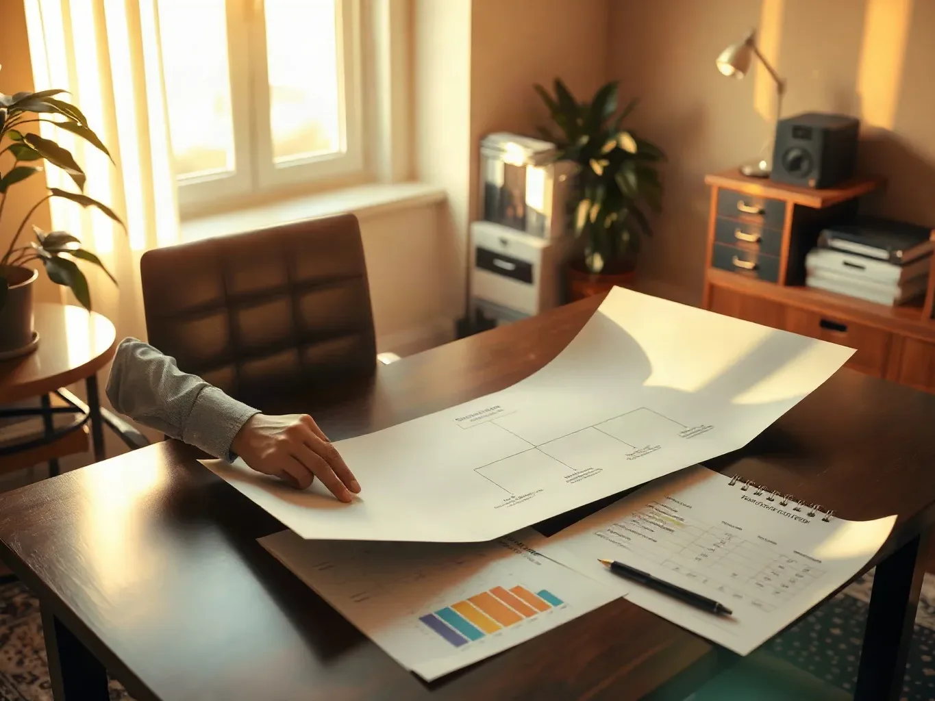 A person reaches across a dark wooden desk covered in printed charts and documents in a warmly lit home office
