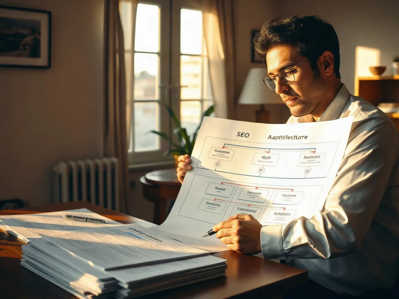 A person wearing glasses sits at a wooden desk in a warmly lit room, holding and studying a large printed diagram labelled 'SEO Architecture', with a stack of documents nearby