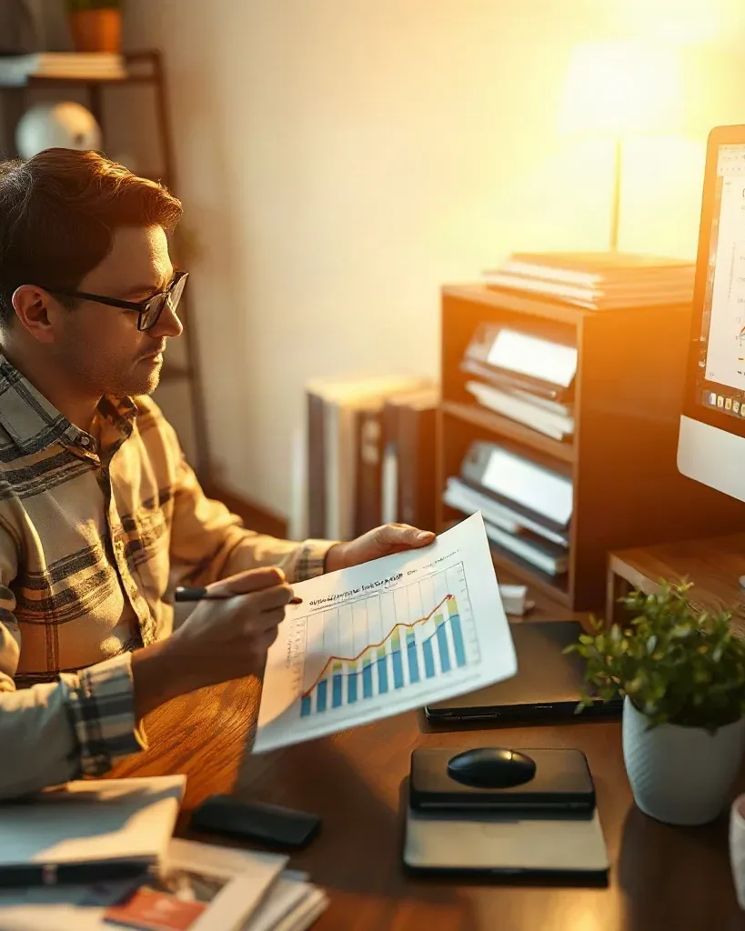 A person in a plaid shirt sits at a home desk, comparing a printed bar chart with a line graph displayed on a computer monitor