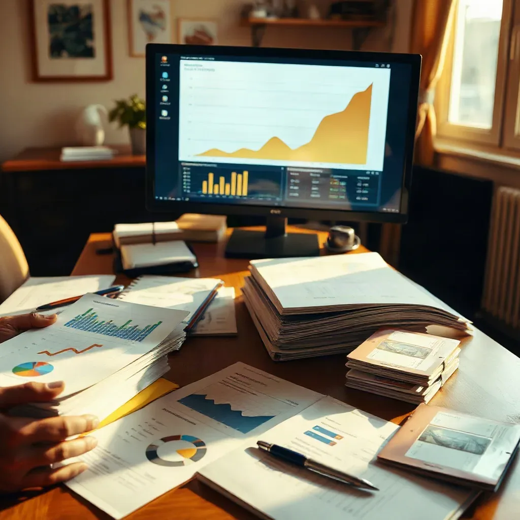 A person sits at a wooden desk covered in printed charts and reports, with a monitor displaying an upward-trending graph in the background