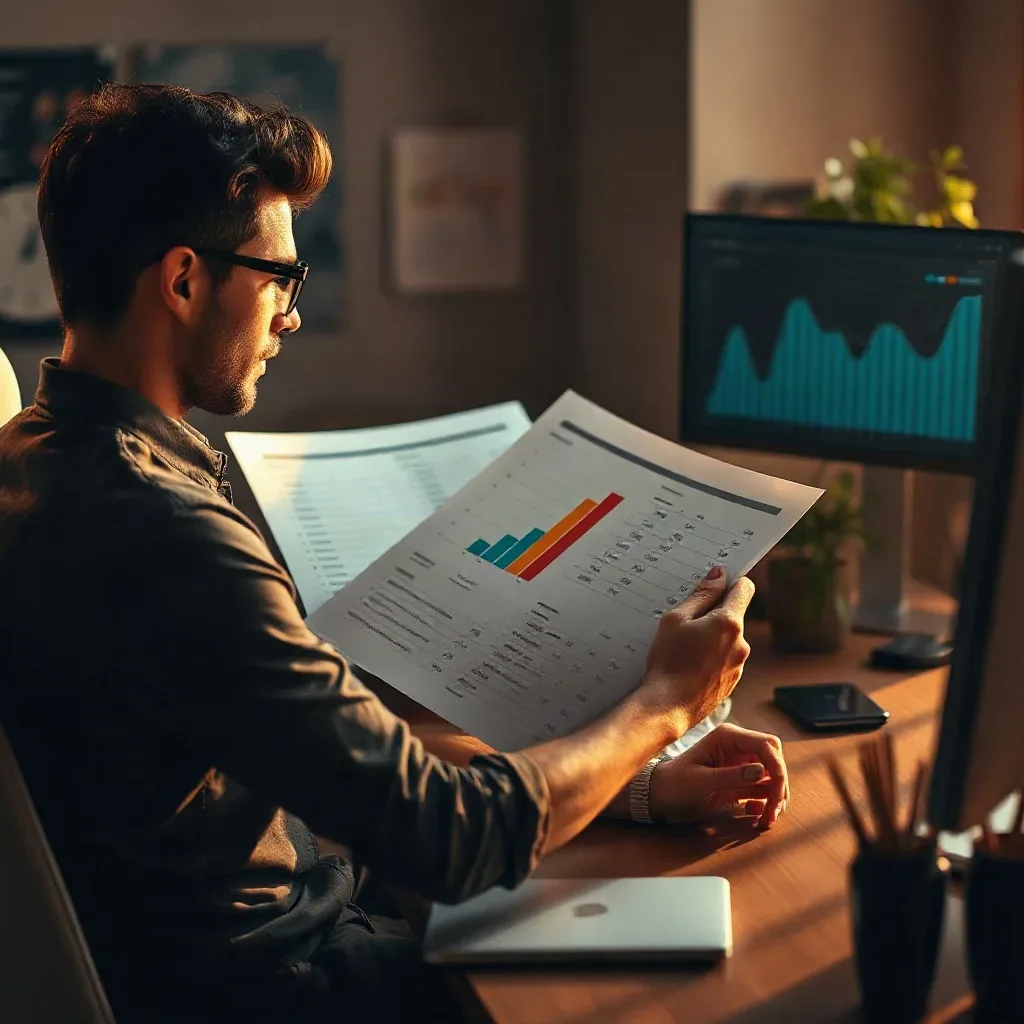 A marketing professional in business-casual attire seated at a desk examining a printed analytics report with profile performance data columns and adding checkmarks beside completed fields while the desktop monitor shows an organic traffic trend graph at an early growth stage