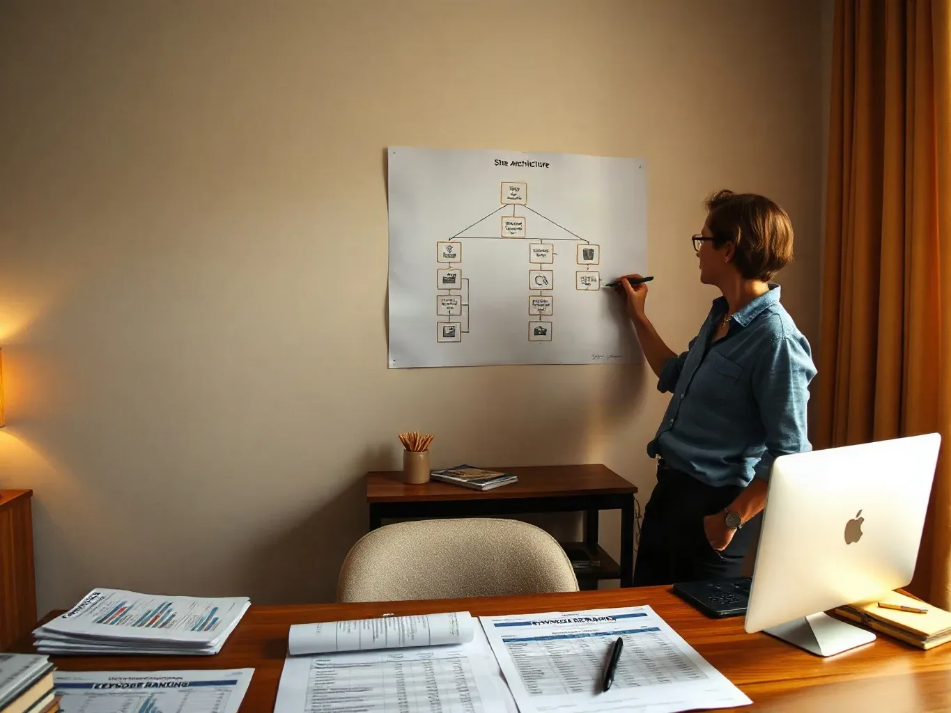 A person stands at a wall-mounted site architecture diagram, annotating it with a marker, beside a desk strewn with printed reports and an open laptop