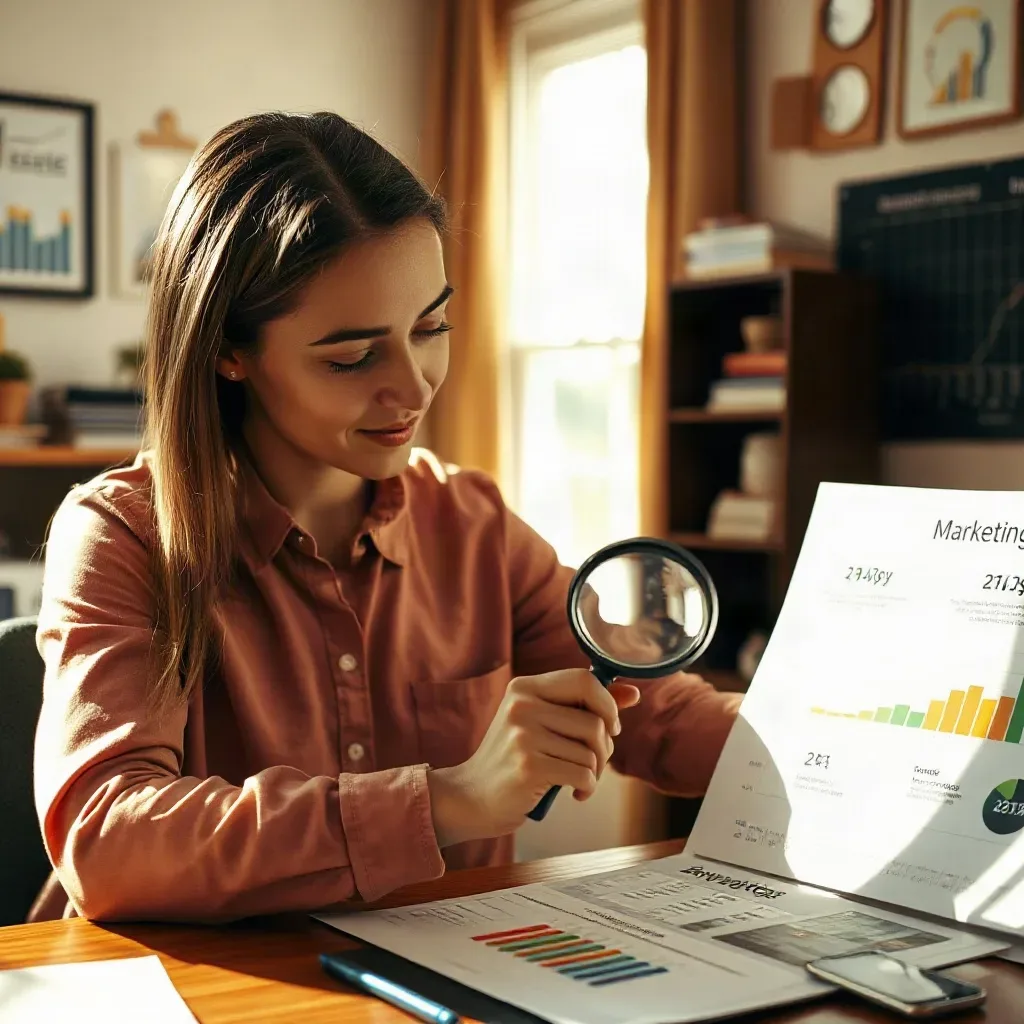 A person sits at a desk holding a magnifying glass over a printed marketing strategy document covered in bar charts and data, in a home office with framed charts on the wall