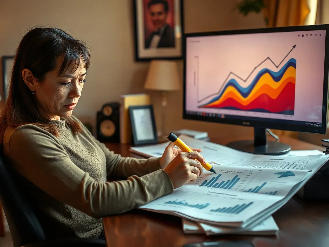 An SEO consultant in a private working room spreading printed analytics reports across the desk and marking return-on-investment rows with a highlighter while the large monitor behind her displays a graph of organic traffic trends used as the ROI baseline