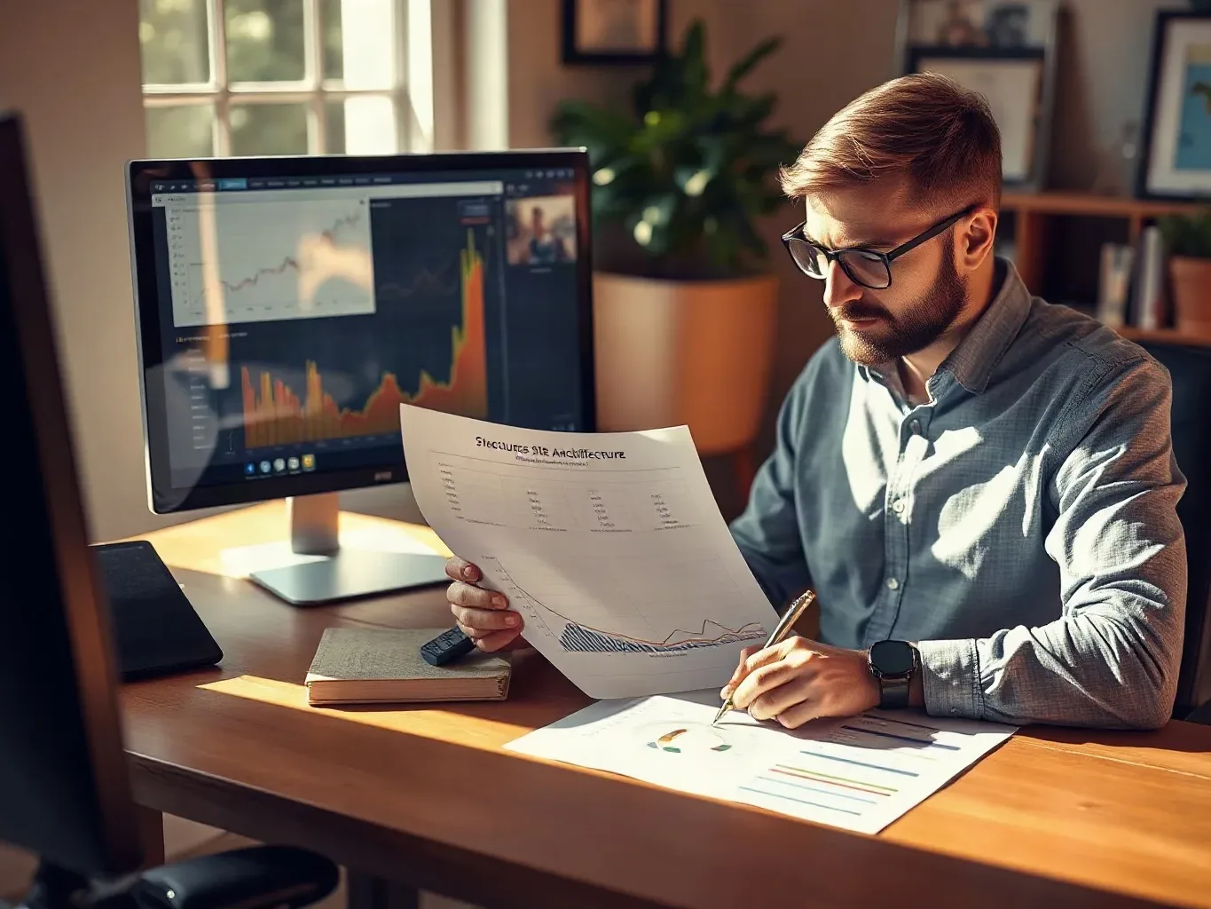A person wearing glasses and a smartwatch sits at a wooden desk reviewing printed charts, writing notes, with a monitor displaying graphs behind them