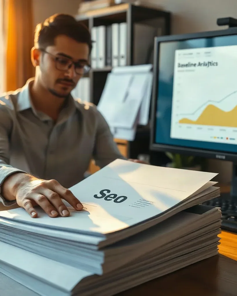 An SEO consultant arranging a set of printed analytics reports into a neat stack on an office desk while the desktop monitor to his right shows a baseline organic traffic trend graph
