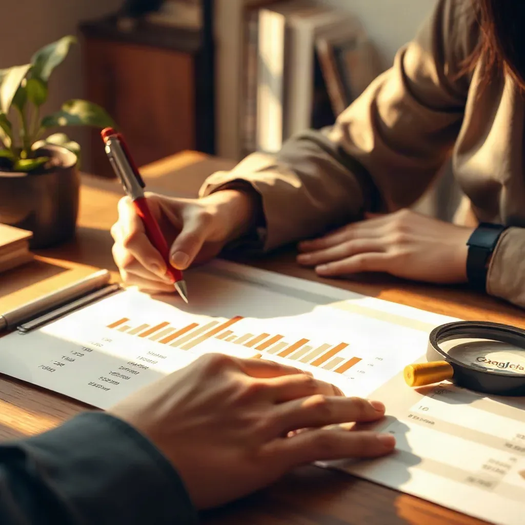 Two people sit at a wooden desk reviewing printed bar charts and data sheets, one annotating with a red pen beside a magnifying glass