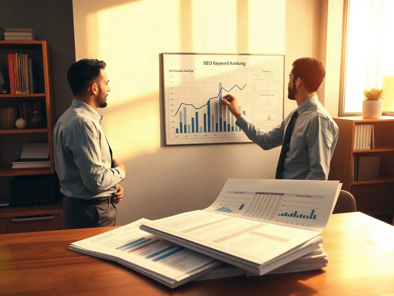 Two people in business-casual attire stand in an office reviewing a wall-mounted chart labelled SEO Keyword Ranking, with printed reports spread across a desk in the foreground