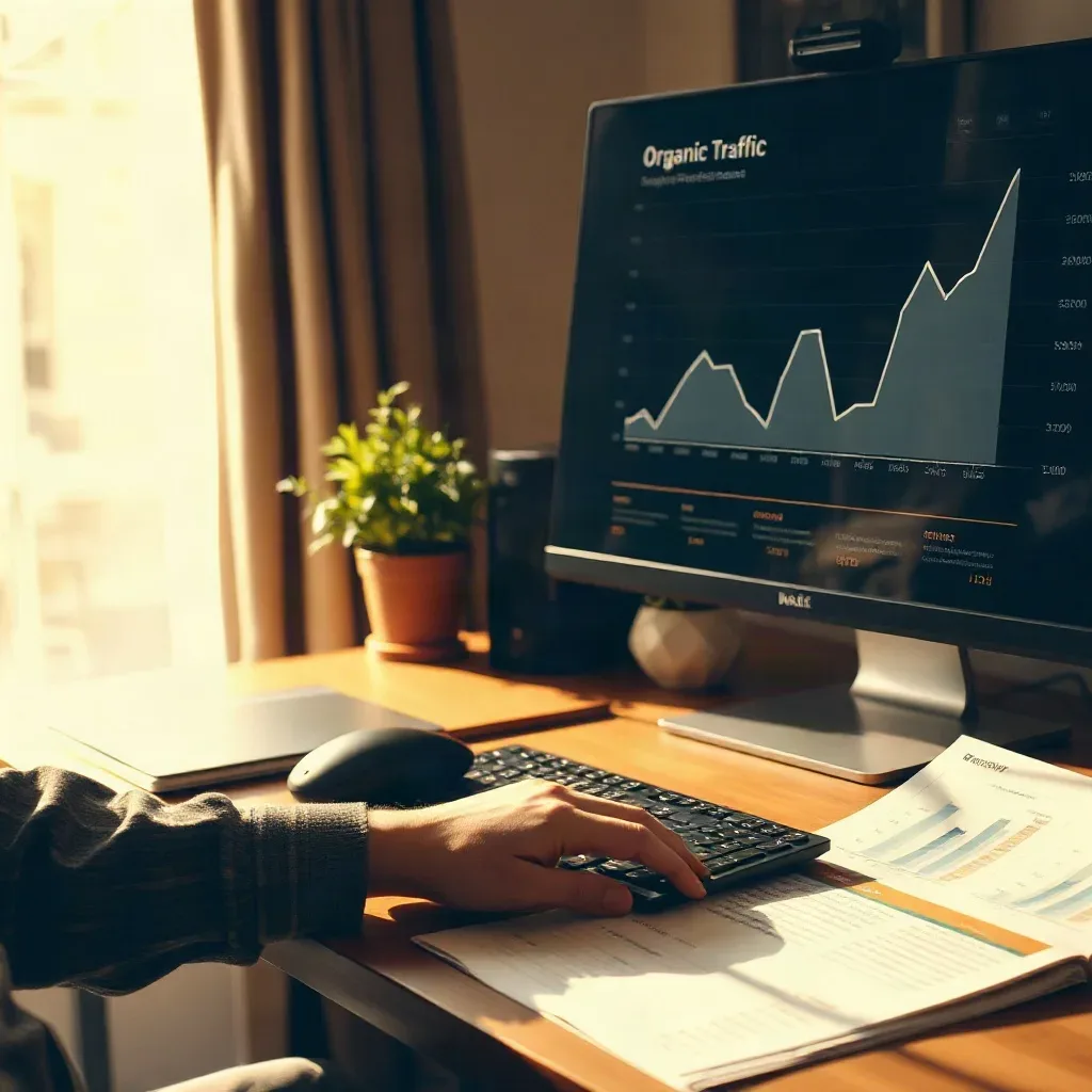 A marketing professional seated at an organised desk tracing a finger along the upward curve on an organic traffic trends graph displayed on the large monitor while a printed analytics report with visible data columns lies open beside the keyboard