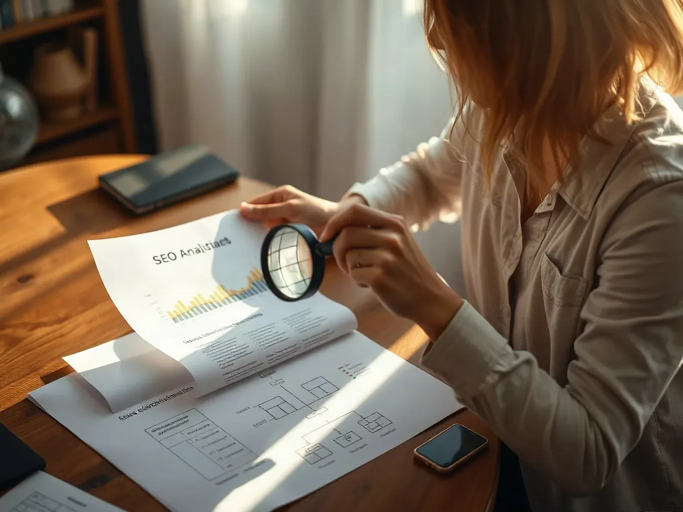 A person holds a magnifying glass over a printed analytics report at a wooden desk, with further documents spread out below