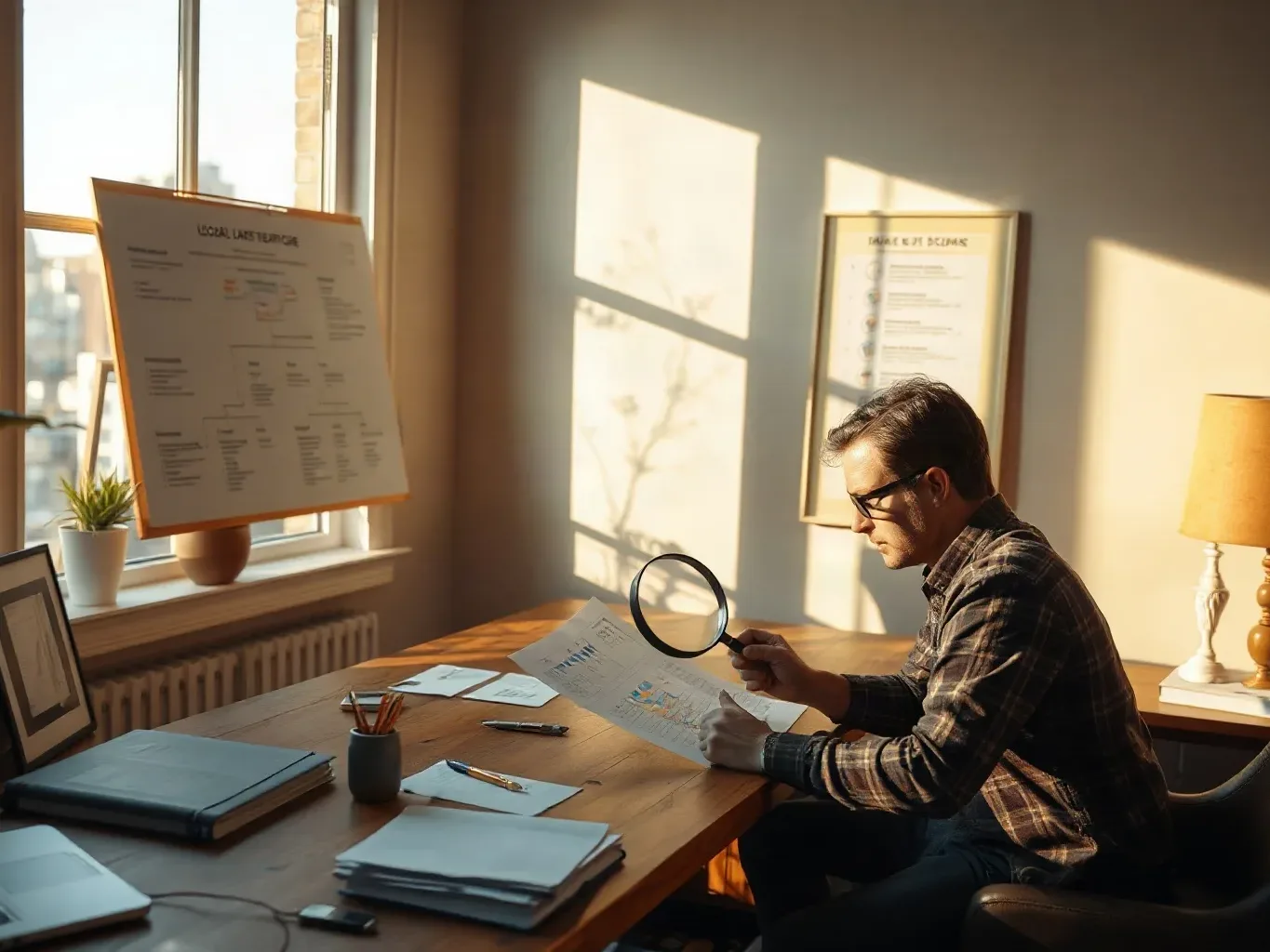 A marketing professional in a private office room using a magnifying glass to examine a dense analytics printout on the desk while a wall-mounted site architecture diagram on paper shows a layered local search structure behind him