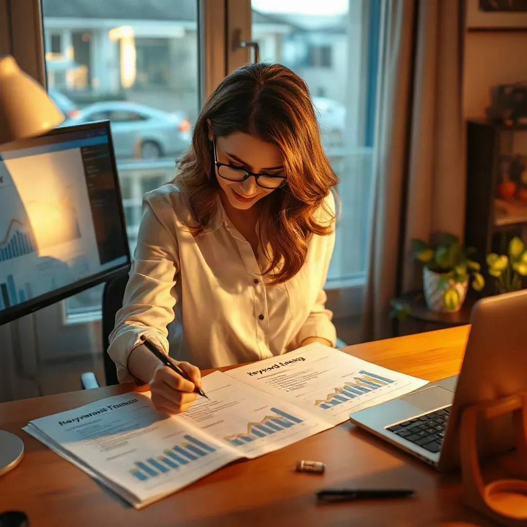 A person wearing glasses and a white shirt sits at a wooden desk annotating printed charts and graphs, with a monitor displaying data visible behind them