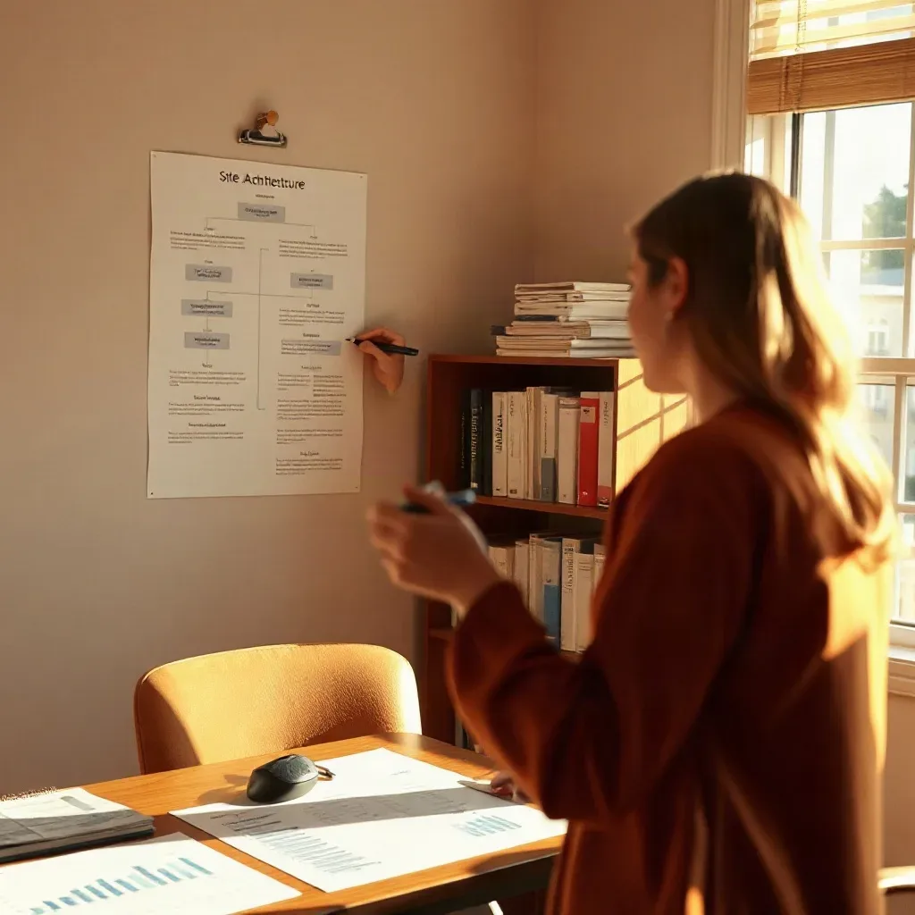 A marketing professional pinning a freshly annotated structured site architecture diagram on paper to the office wall while printed analytics reports with visible data columns are arranged on the desk below