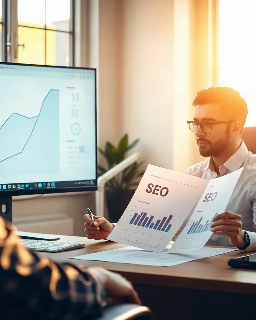 An SEO consultant seated at a tidy desk comparing two printed keyword ranking charts side by side while a large monitor in the background shows an organic traffic trend graph with a clear upward curve