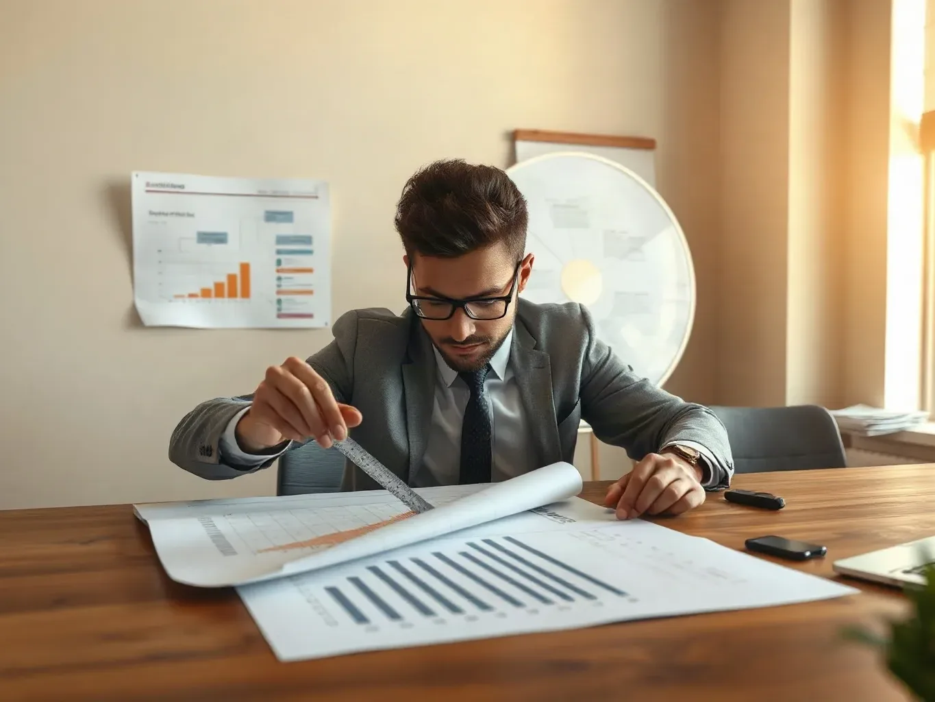 A marketing professional in business-casual attire using a ruler to measure column gaps on a printed analytics report laid flat on the desk while a wall-mounted site architecture diagram on paper is visible over his shoulder